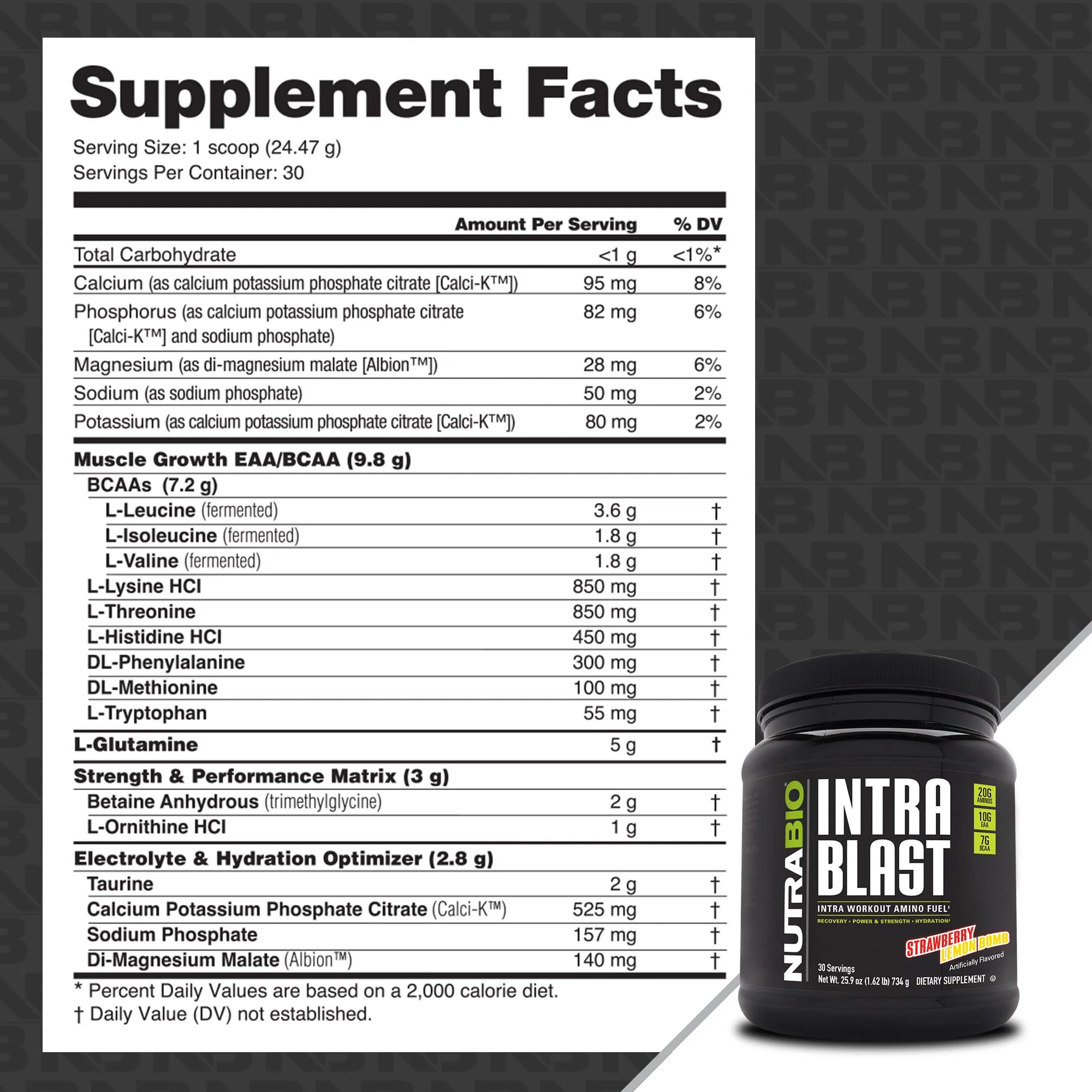 NutraBio Intra Blast Bcaa Powder Amino Acid Supplement, Electrolyte & Hydration Blend, Intra, Pre Workout & Muscle Recovery, 20g Eaa Amino Acids Powder, 5g Glutamine- Strawberry Lemon Bomb, 30 Serving