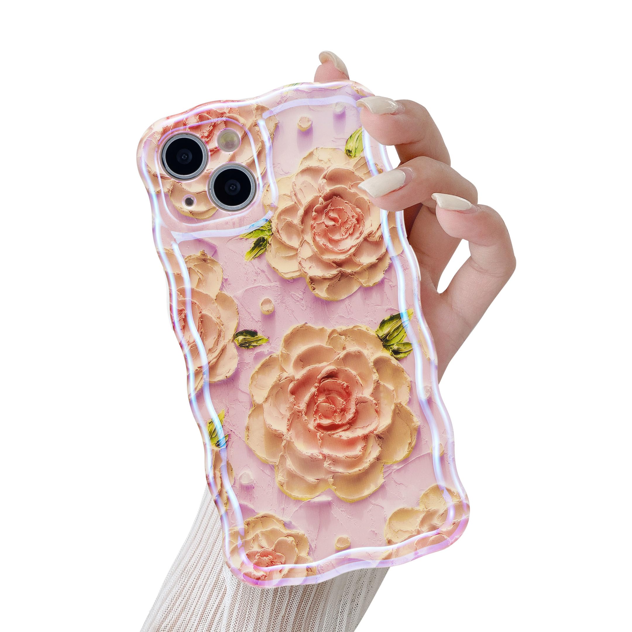 QLTYPRI Compatible with iPhone 15 Case, Oil Painting Peony Flower Pattern Design for Girls Women, Cute Curly Wave Frame Slim Soft Silicone TPU Bumper Shockproof Phone Cover for iPhone 15 - Pink #3 — image 1