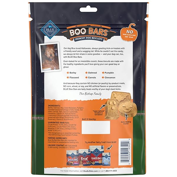 BLUE BUFFALO BOO BARS CRUNCHY DOG BISCUITS, NATURAL HALLOWEEN-SHAPED TREATS, PUMPKIN & CINNAMON RECIPE, 11-OZ BAG