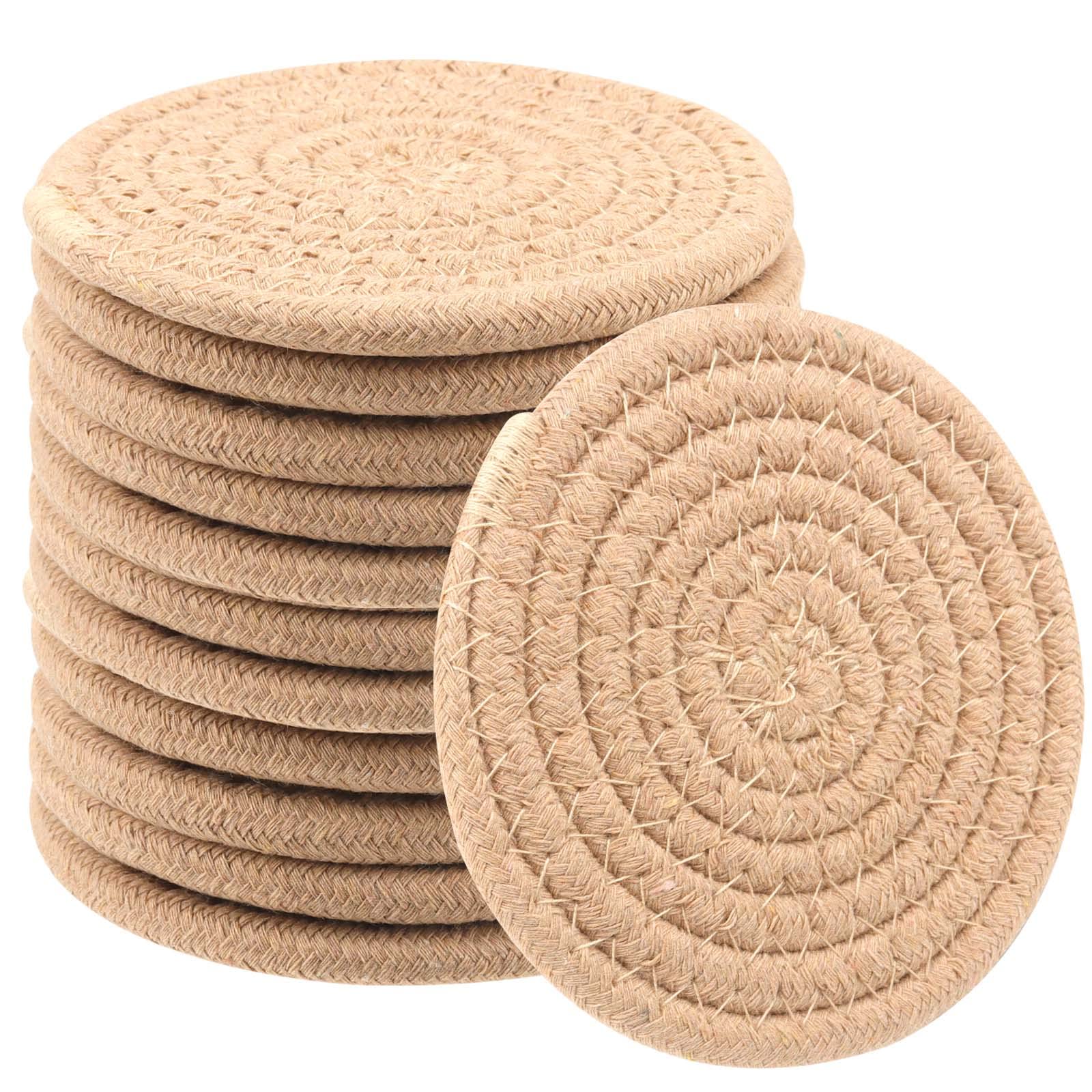 HEIHAK 12 PCS 11cm Coffee Color Drink Coasters, Round Woven Coaster Water absorption Woven Beverage Coaster Heat-Resistant Coaste for Kitchen, Restaurant and Coffee Bar