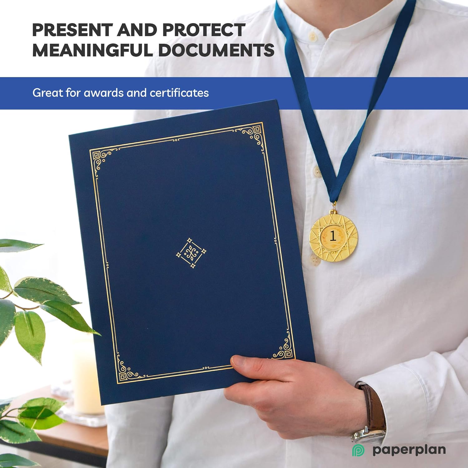Blue Certificate Holders 8.5x11" (30 Per Set) - Gold Foil Border, Die Cut Corner Slots, Reinforced Edges - Protect and Secure Graduation Diploma, Recognition, Award, Documents // Paper Plan : Office Products
