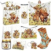 SilTriangle 10 Pcs Highland Cow Gifts Set for Women Sunflower Cattle Tumbler Towels Cosmetic Bag Candle Pen Throw Blanket Socks Cards Keychain Handbag for Mom Staff Employee Cow Lover Birthday Gifts