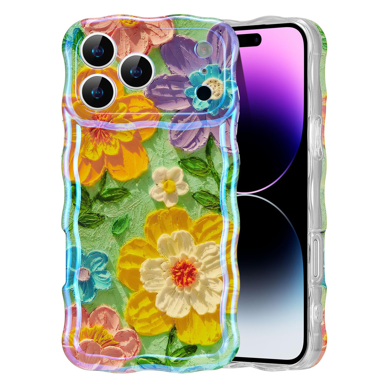 EYZUTAK Case for iPhone 17 Pro, Colorful Retro Oil Painting Flower Laser Glossy Cute Curly Wave Edge Case Stylish Durable Soft TPU Protective Phone Cover for Girl Women - Colorful Flower/Green