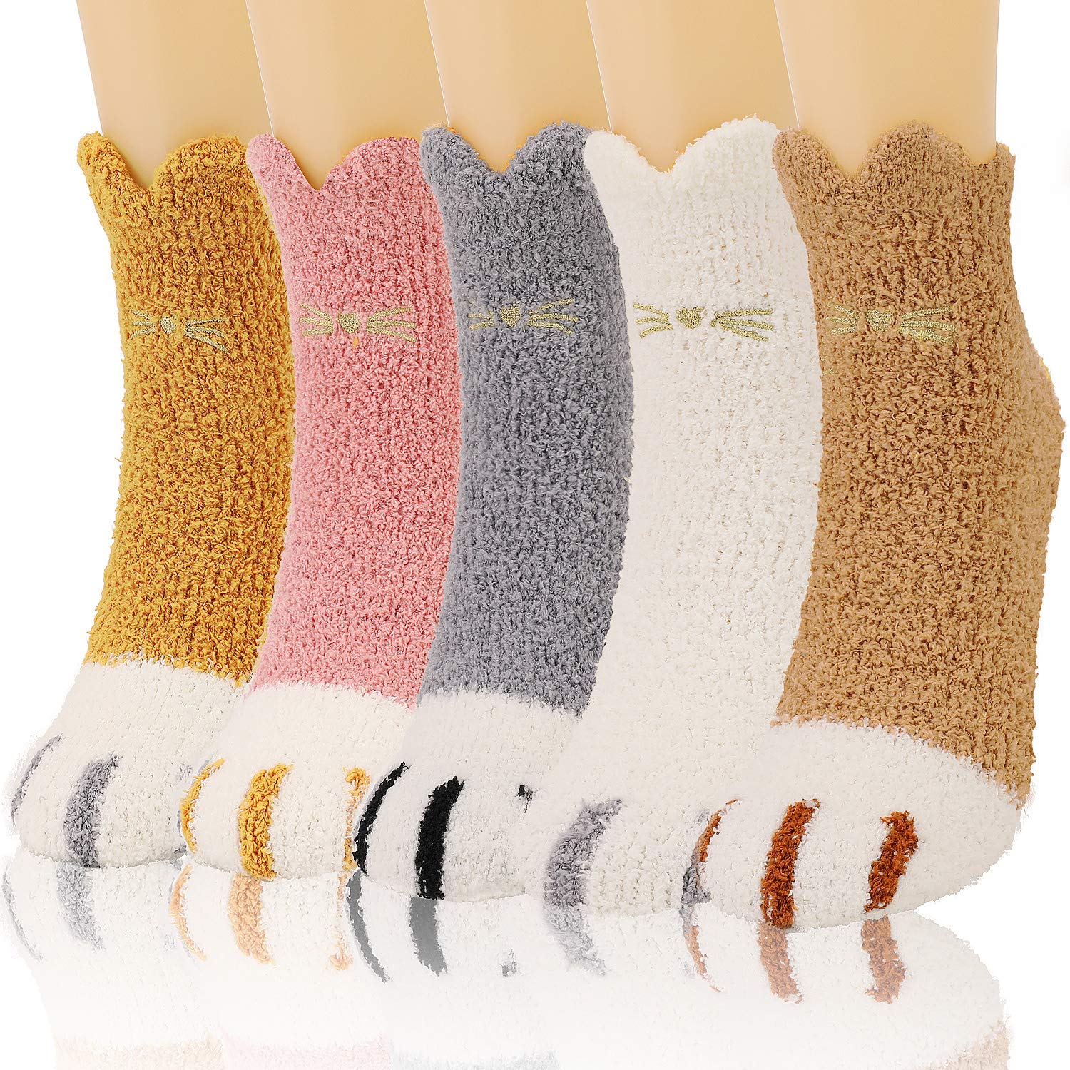 QKURT 5 Pair Cat Fluffy Socks, Fuzzy Cozy Winter Thick Warm Sleep Floor Slipper Socks Home Socks for Women Girls