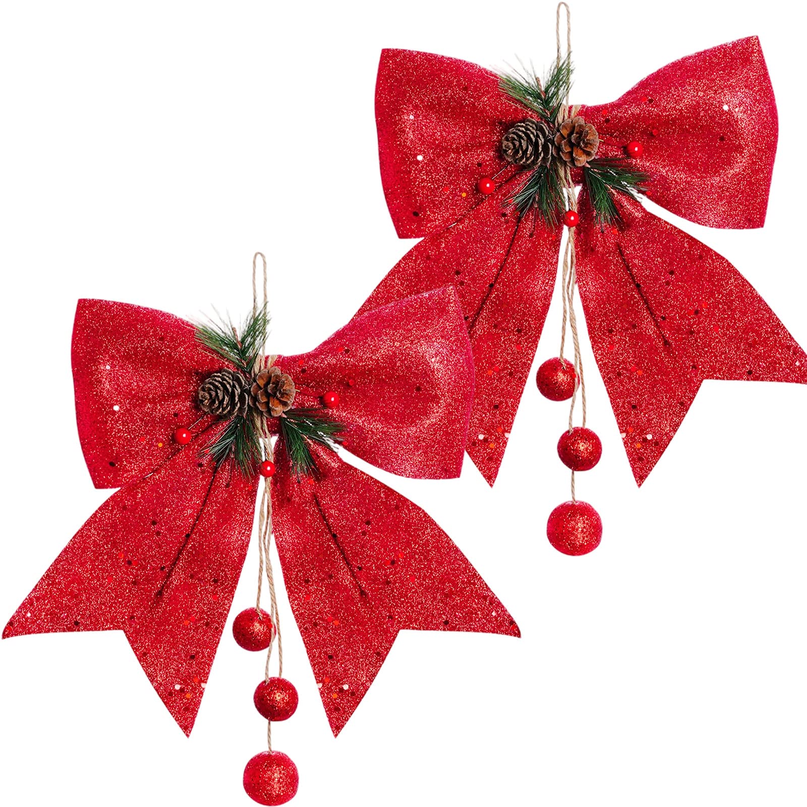 HONGCI 2 Pack Glitter Red Wreaths Bows Christmas for Decorations,Large Tree Decorations Bow Sequin Ties,Red Xmas Decorative Ornaments Tree,Wreaths,Garland