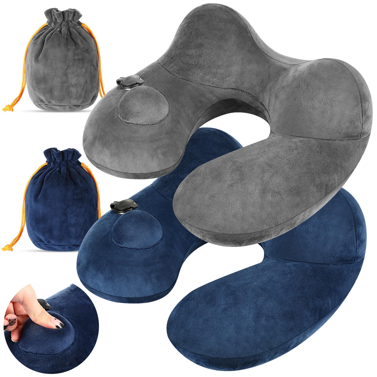 Photo 1 of Xtinmee 2Pcs Self-Inflatable Pillow Soft Airplane Travel Pillow with Compact Bag for Long Flight Neck Cushion for Head Support Car Home Office 12.2x11.81x5.91in(Gray, Blue)