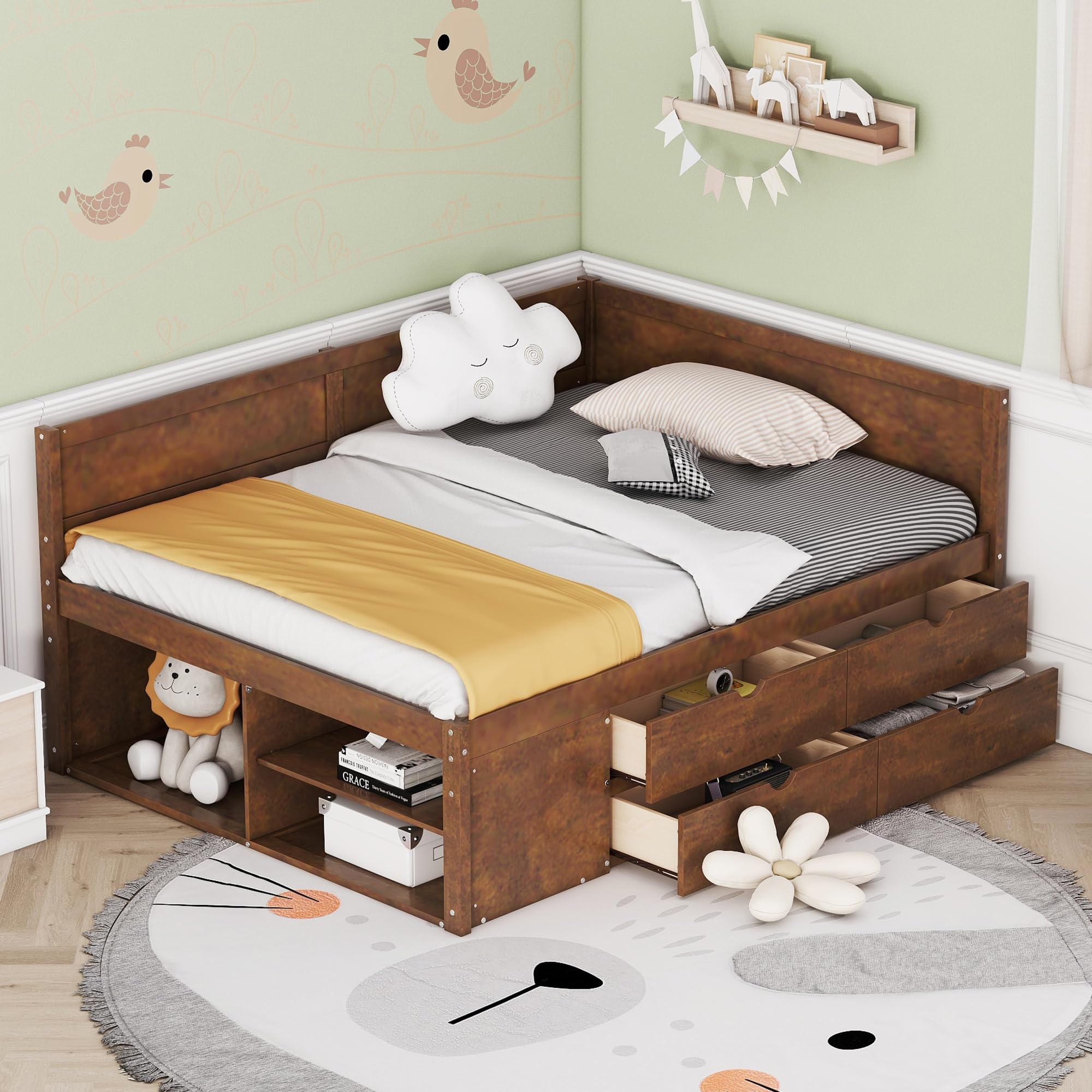 Photo 1 of  BOX 1 OF 2 ONLY KTATK Full Size Daybed with Four Storage Drawers and Three Shelves,Solid Wood Platform Bed Frame,W/Wooden Slates Support,for Kids Teens,Boys & Girls,No Box Spring Needed,Walnut