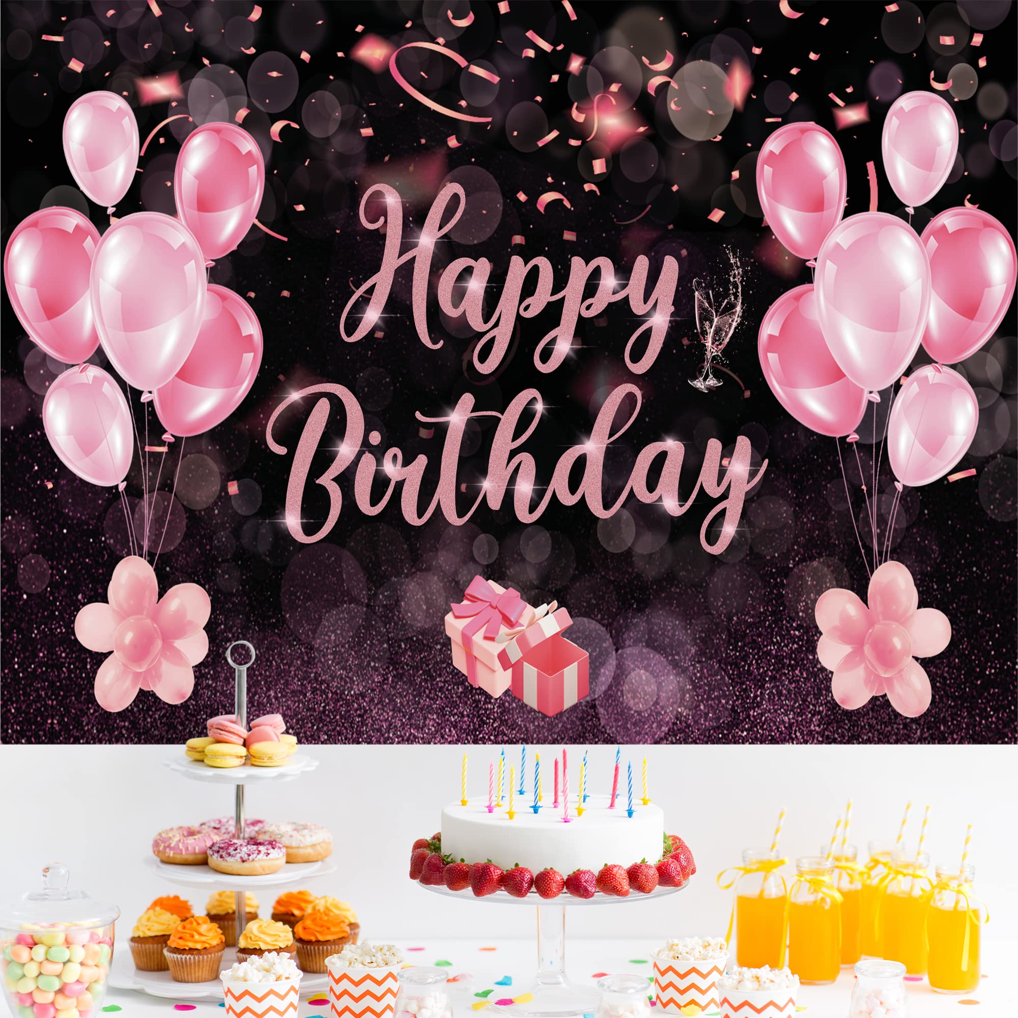 Pink Birthday Decoration Background, 71x43Inch Happy Birthday Banner, Photo Booth Banner & Sign for Party, Anniversary, Baby Shower