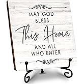 May God Bless This Home And All Who Enter’ 5.1x5.1 Wooden Plaque with Stand, Christian Home Décor, Gifts for Housewarming, Thanksgiving, Christmas, Christian Decorations.(067)
