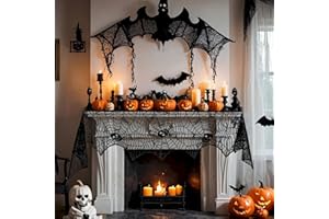 Habbiful Halloween Mantle Scarf for Table Window Indoor Curtain Kitchen Decoration Halloween Mantle Cover Black Lace Spiderweb Mantle Scarf for Halloween Fireplace Gothic Party Home Decoration
