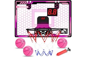HAMSILY Indoor Basketball Hoop for Kids Girls: LED Light Over The Door Mini Basketball Hoop with Electronic Scoreboard Girl Toys Age 5 6 7 8 9 10 11 12 Year Old Girl Birthday Gifts Pink