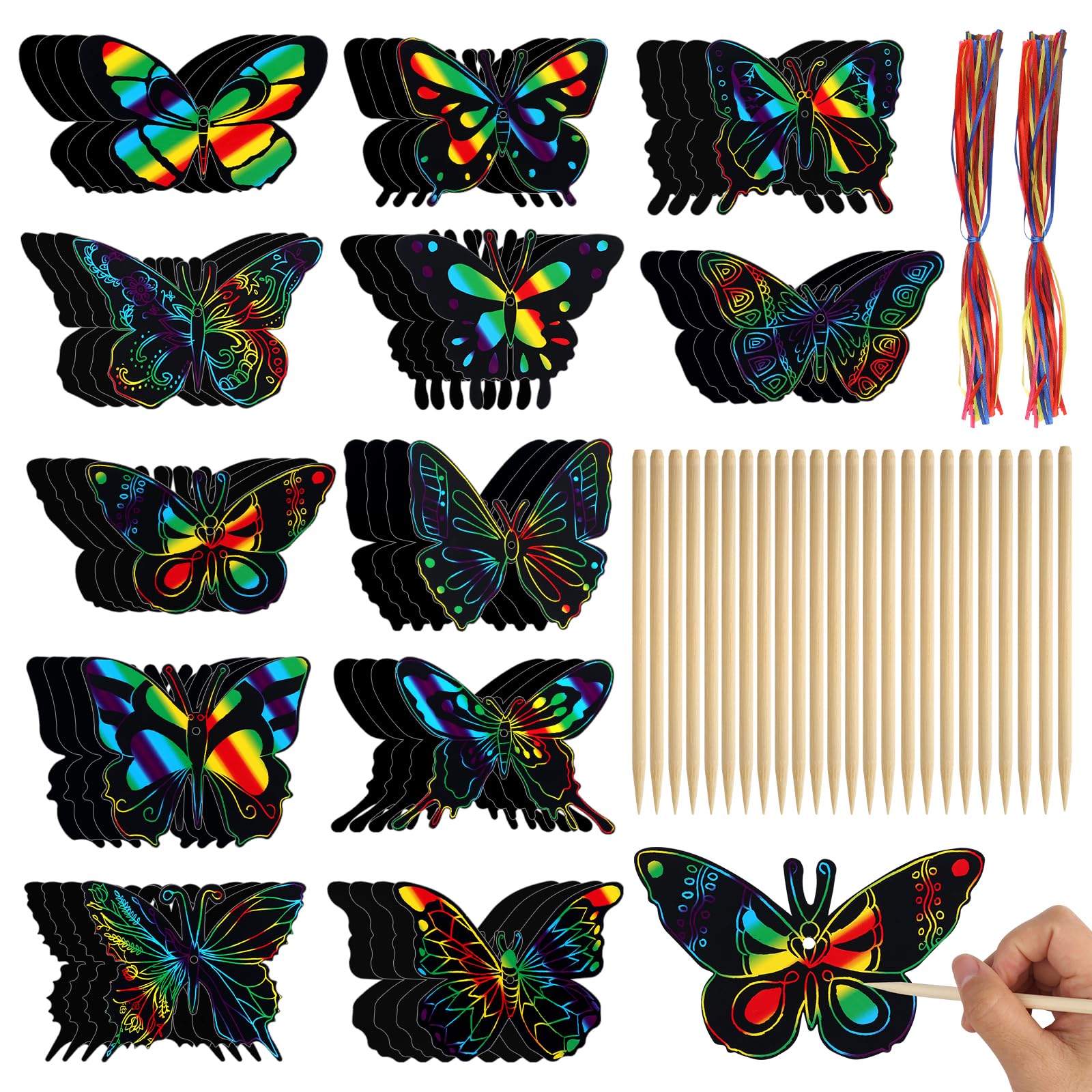 Pack of 48 Butterfly Scratch Pictures, 12 Styles Butterflies Scratch Pictures for Children Adults, Rainbow Scratch Painting, DIY Scratch Paper for Butterflies Crafts, Party Bags