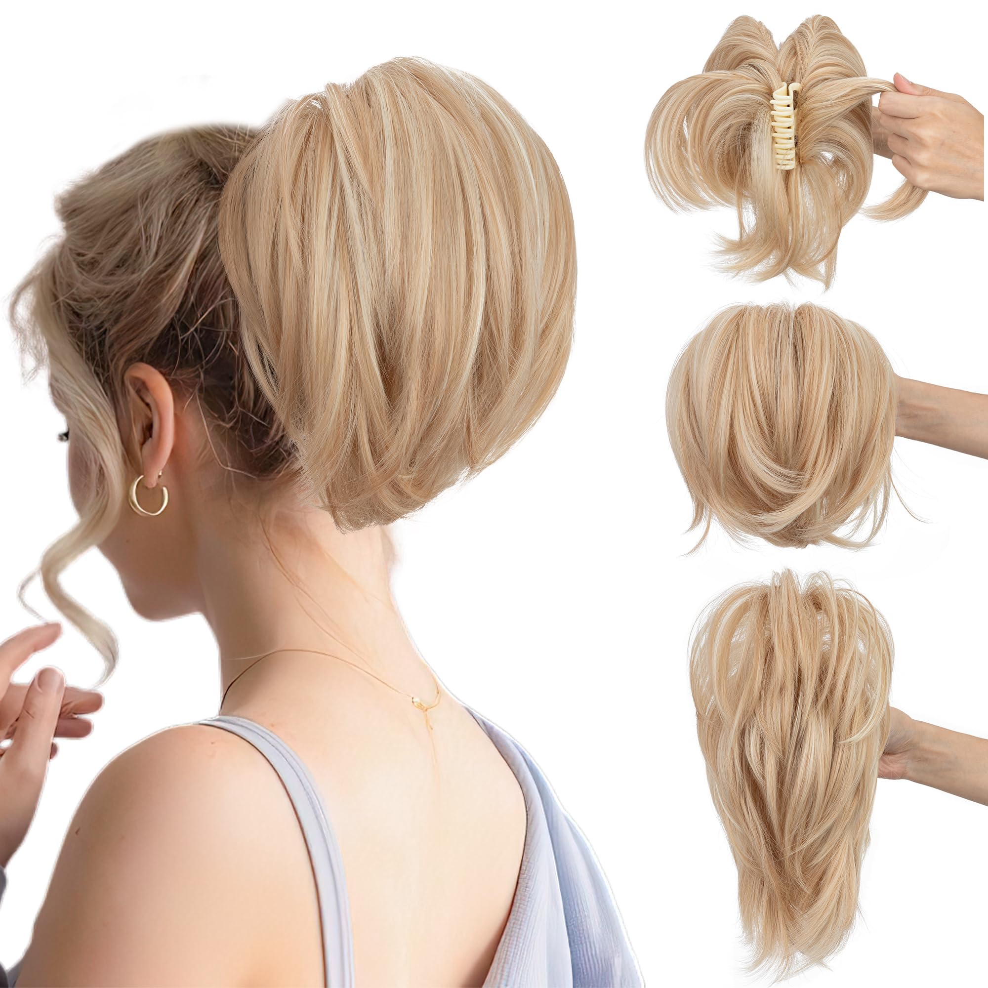 SEGO Claw Clip Ponytail Hair Extensions Bendable Metals Messy Bun Hair piece Straight Hairpieces Claw on Ponytail, Dark Blonde to Bleach Blonde