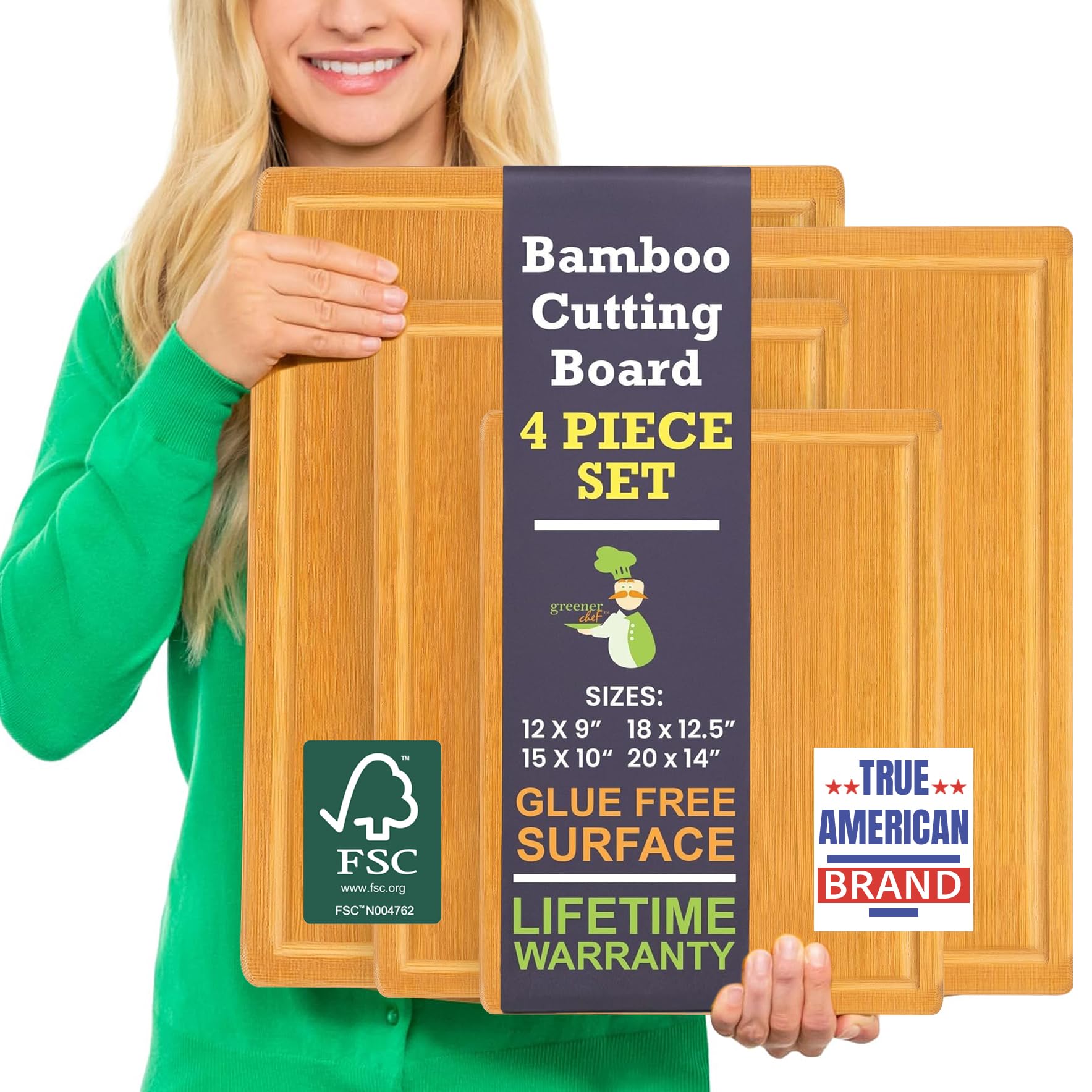 Glue-Free Surface™ 2XL Extra Large Bamboo Cutting Board Set of 4 – Small, Medium, XL, and Oversized Sizes from Chopping Vegetables to Carving Meat & Turkey for Large Family Meal Prep and Gatherings Image