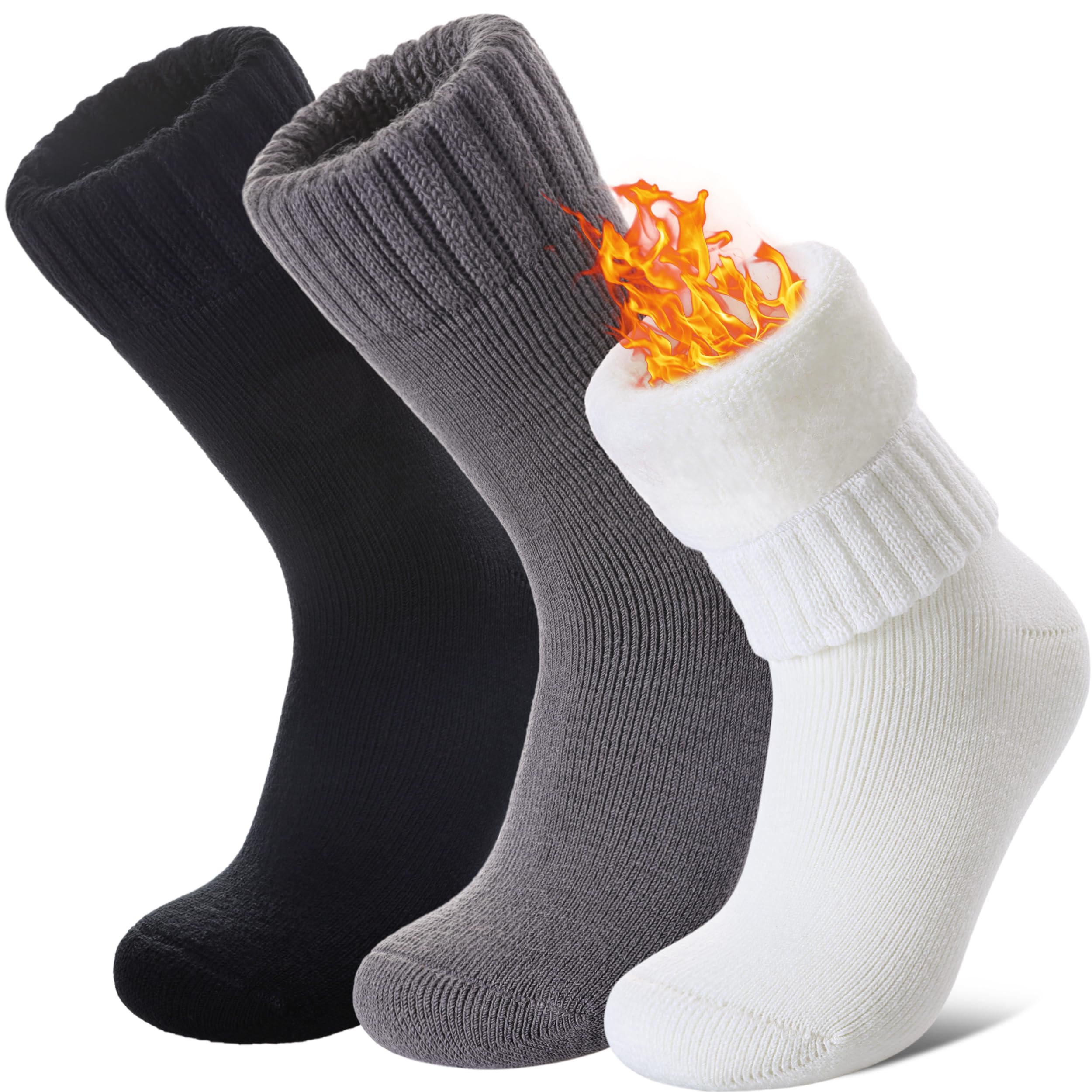 Photo 1 of LANLEO Women Men Thermal Socks Warm Winter Extra Thick Insulated Heated Ski Crew Boot Socks for Cold Weather 3 Pairs Black White Grey,Large
