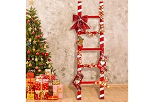 TLY 3pcs Christmas Stocking Holder for Wall 60inch Stocking Holder Stand 10 Hook Wooden Christmas Ladder Stocking Holders with Christmas Ribbon Lights Christmas Decorative Bow for Xmas Home Decor