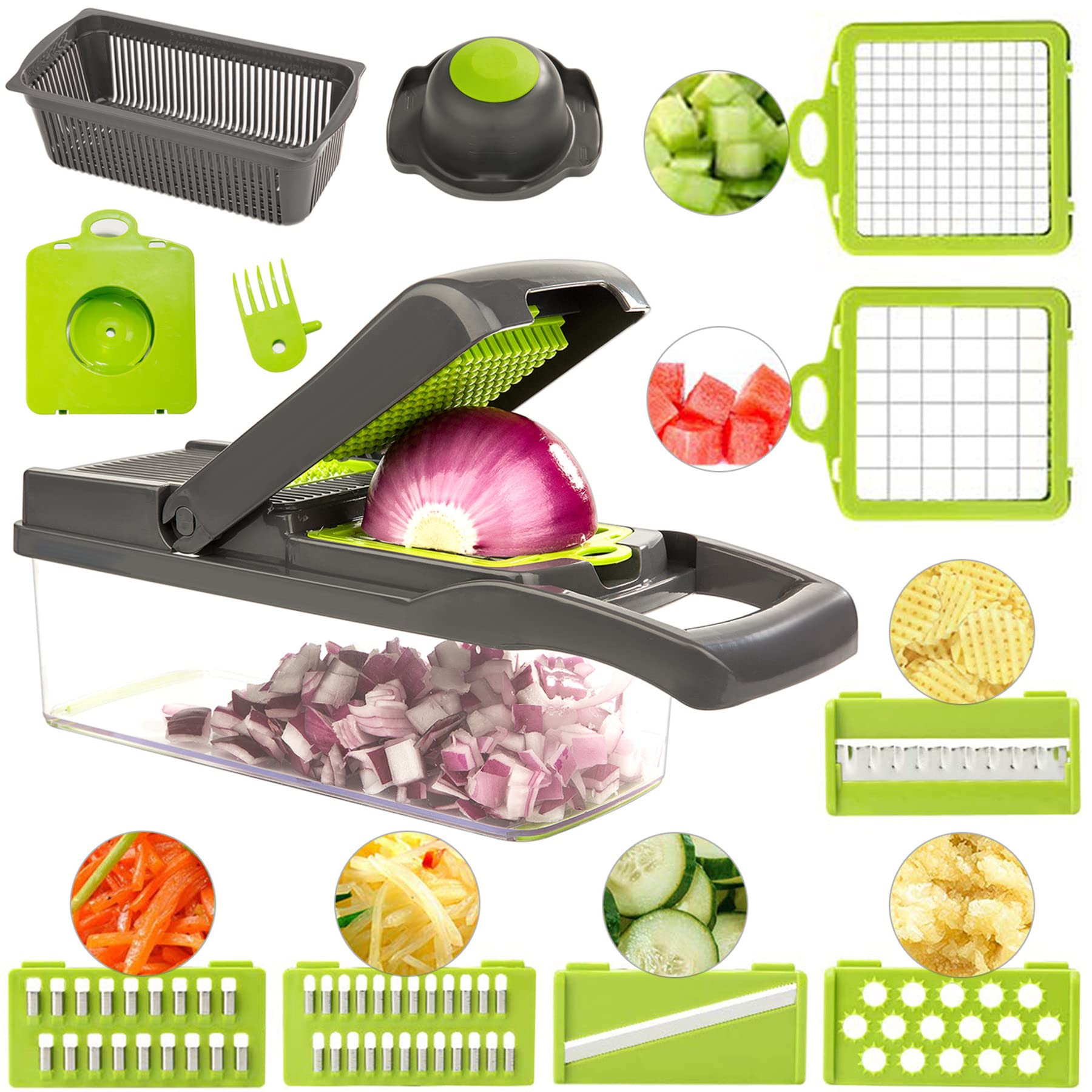 Vegetable Chopper - FUKTSYSM Vegetable Cutter 15 in 1 Mandoline Slicer Adjustable Vegetable Slicer with Julienne Grater Include Peeler, Cleaing Fork and Hand Guard