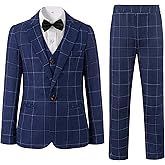 Boys Plaid Suit 5 Piece Formal Outfits Slim Fit Dress Clothes Kids Tuxedo Blazer Shirt Vest Pants Bow Tie