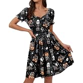Women Halloween Puff Retro Costume Vintage 1950s Sweetheart Neckline Elastic Waistband Swing Dress Pumpkin Skulls Black Cat XXL