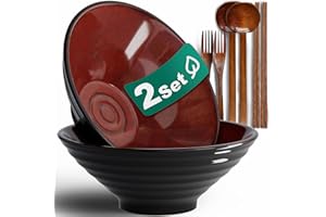 8-Inch 2 Sets Ceramic Ramen Bowl (8 Piece) - Japanese Porcelain Dishwasher Microwave Safe Salad Noodles Cereal Pasta Soup Lar