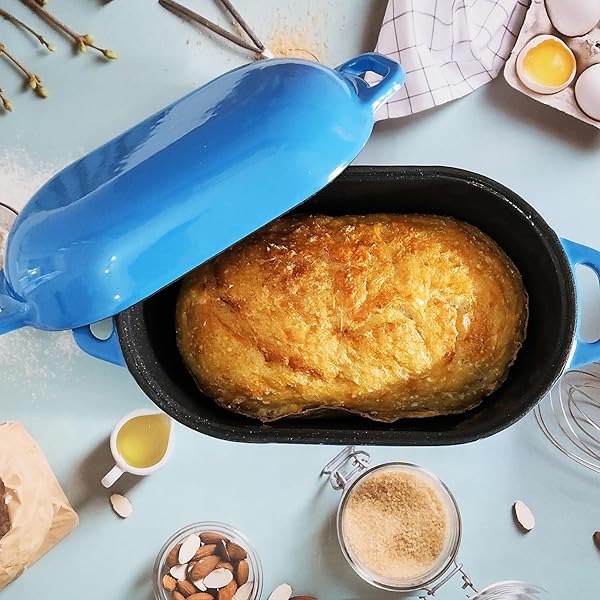 FANQIEW DUTCH OVEN ENAMELED CAST IRON BREAD PAN WITH LID SOURDOUGH LOAF PANS FOR BAKING BREAD LARGE HEAVY OVAL BREAD DUTCH OVEN WITH MOVABLE HANDLE 4 QT BLUE DISHWASHER SAFE