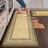 KIMODE Anti Fatigue Kitchen Mats for Floor, Farmhouse Kitchen Rugs Sets of 2, Cushioned Kitchen Floor Mats, Comfort Standing Mat for Sink Laundry Office Desk Brown/Khaki 17"x47"+17"x29"