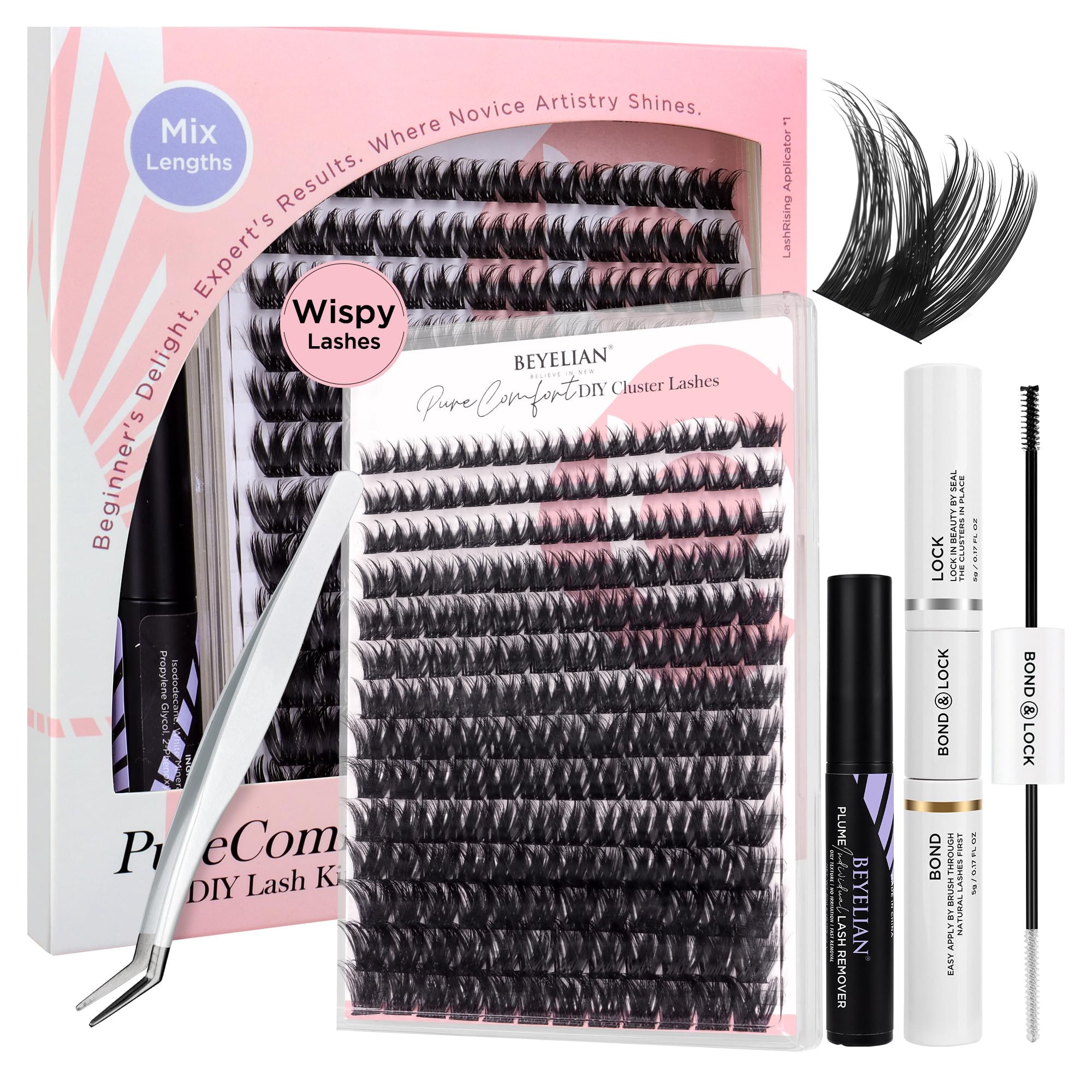 BEYELIAN Lashes Clusters Kit, Lash Extension Kit with Wispy Cluster Lashes, Lash Bond and Seal, Lash Remover, Lash Applicator, Natural Reusable Individual Lashes Kit 10-16mm (D63)