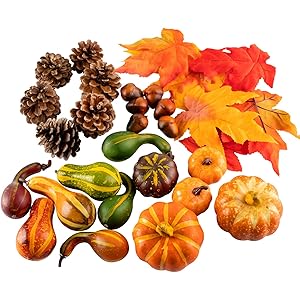 Whaline Artificial Maple Leaves, Harvest Pumpkins, Gourds, Pine Cones and Acorns Set for Autumn, Fall and Thanksgiving Home Table Decoration, 31 Pieces