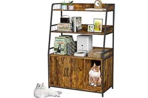 EasyCom Cat Litter Box Enclosure with Shelves - Large Litter Box Enclosure with Cat Scratching Pad and Anti-Scratch, Vintage Wooden Hidden Cat Litter Box Furniture (Rustic Brown)
