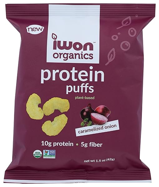 IWON ORGANICS, PROTEIN PUFFS CARAMLIZED ONION PLANT BASED...