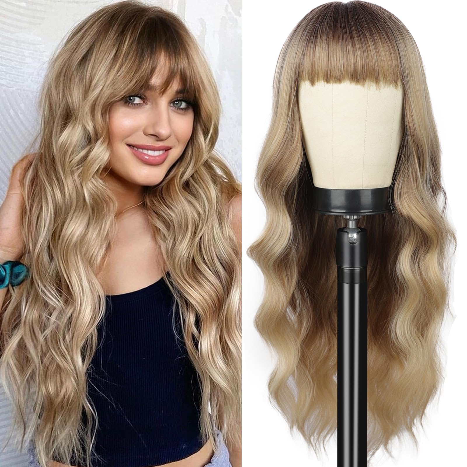 POPTAIYU Dirty Blonde Wig with Bangs Long Blonde Wavy Wigs for Women Synthetic Curly Wavy Wigs with Dark Root Heat Resistant Wig for Daily Party Use 26 Inches (Dirty Blonde)