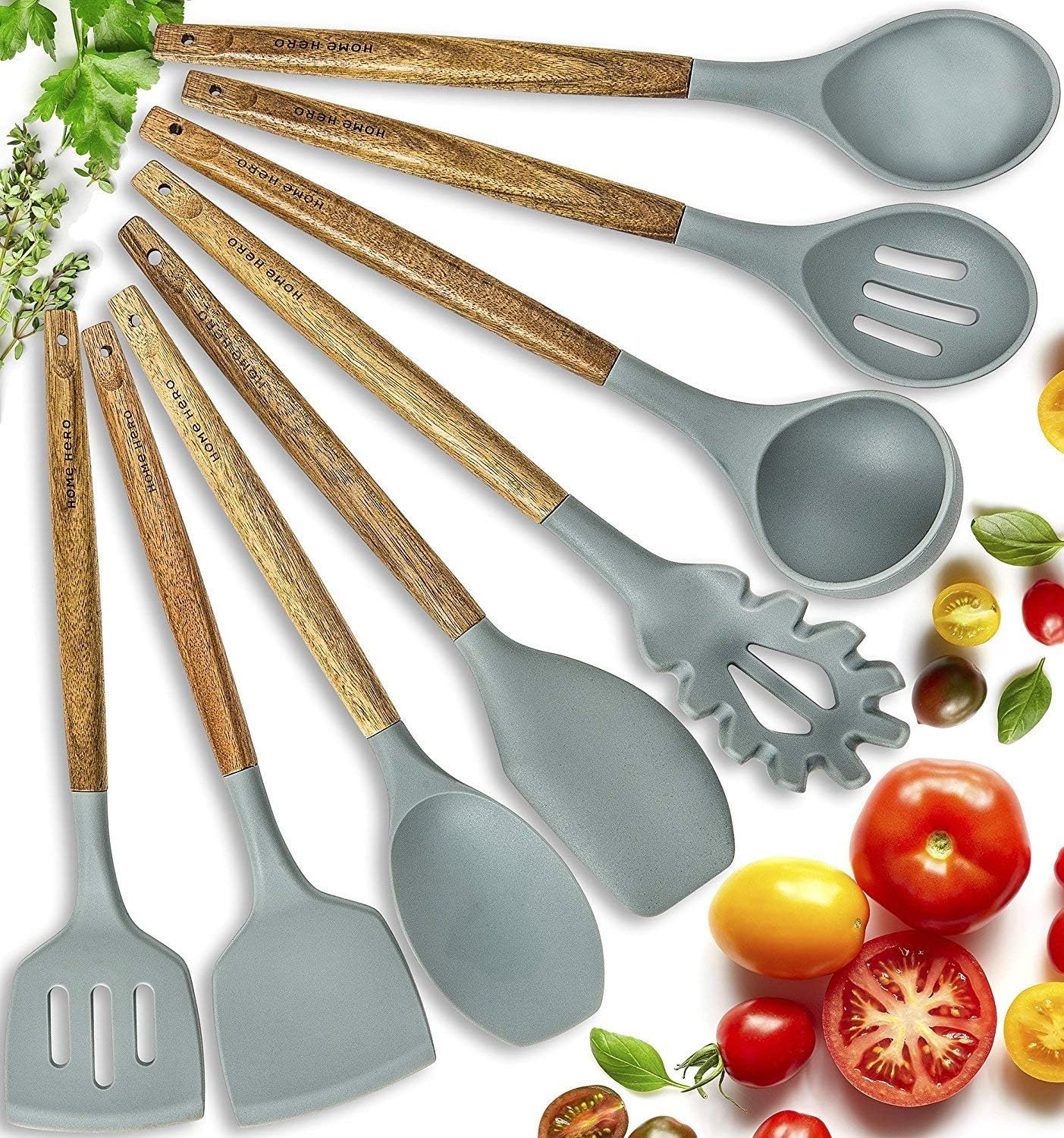 Home Hero Silicone Cooking Utensils Kitchen Utensil Set - 8 Natural Acacia Wooden Silicone Kitchen Utensils Set - Silicone Utensil Set Spatula Set - Silicone Utensils Cooking Utensil Set: Kitchen & Dining