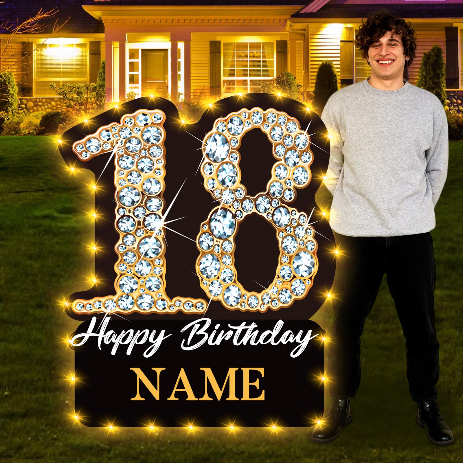 Photo 1 of 18th Birthday Yard Sign With LED 30 Inch Black Gold Personalized Name Happy 18th Outdoor Waterproof Glitter Lawn Sign for Boys Girls With Stakes - 18 Years Old Supplies Decor