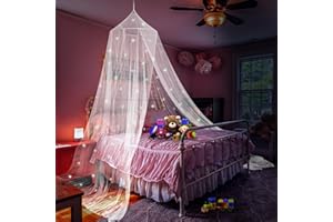 Daksha Princess Bed Canopy for Girls with Glowing Stars, Bed Curtains for Kids, Ceiling Tent, White Room Decor, Fits Twin, Full and Queen Size Beds