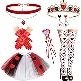 Cozypower 7 Pcs Halloween Queen Costume Accessories for Woman Heart Skirt Gloves Crown Scepter Earrings High Socks Choker for Cosplay