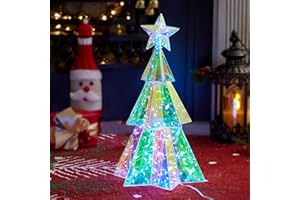 JOIEDOMI Lighted Prismatic Iridescent Christmas Tree with 100 LED Cool White Lights, USB Powered Indoor Christmas Decoration, 15 inch Iridescent Xmas Tree Party Holiday Desktop Tree for Home Decor