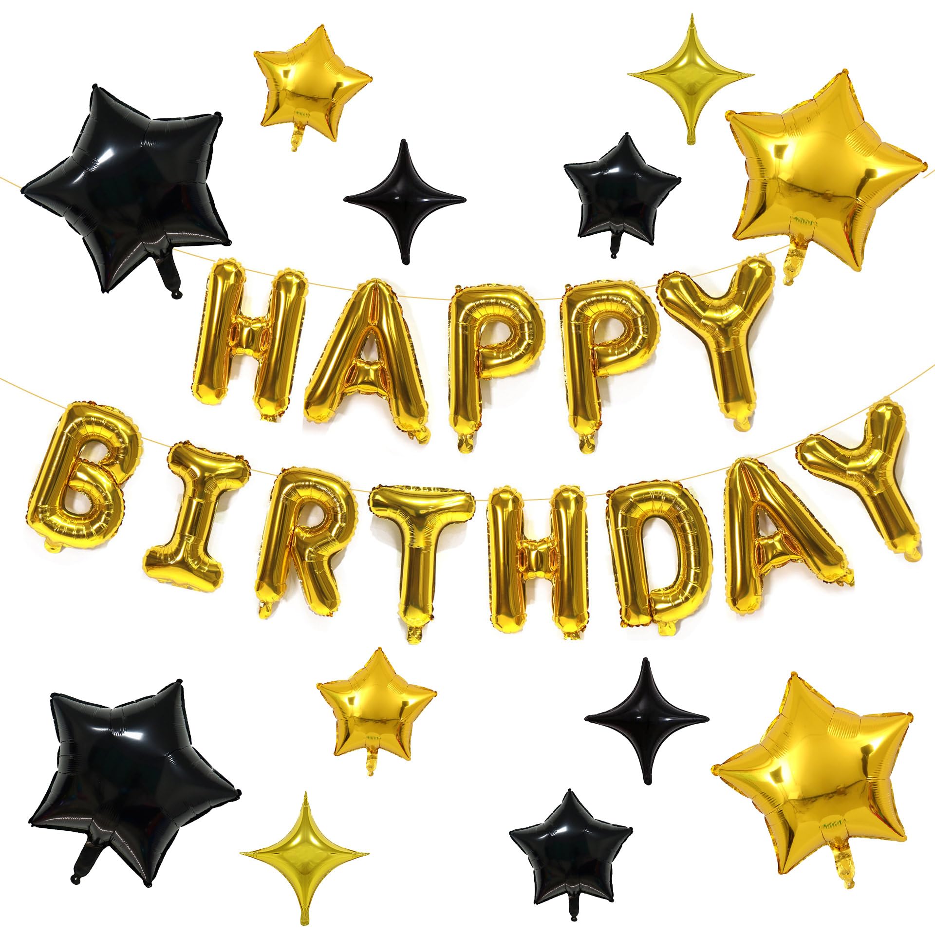 KALOR Gold Black Happy Birthday Balloons Kit with 16 Inch Mylar Foil Letters Balloon and Star Balloons for Birthday Party Decorations Photo Booth Backdrop