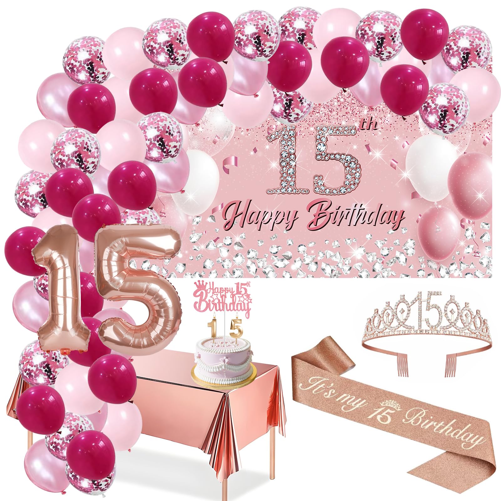 Photo 1 of 15th Birthday Decorations for girls,15th Birthday Banner, Party Tablecloth, 15th Sash and Tiara, 15th Balloon,Birthday Cake Topper , 60 latex balloons free-form for Quinceanera Decorations