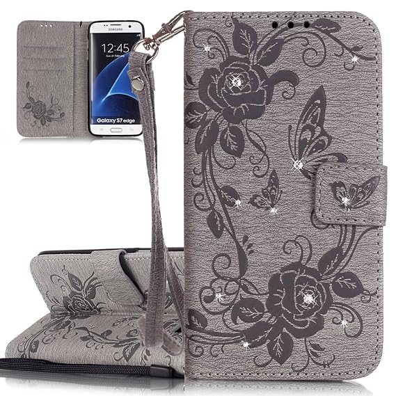 ISAKEN Kompatibel mit Galaxy S7 Edge Hülle, Glitzer Strass Kristall PU Leder Geldbörse Wallet Case Handyhülle Tasche Schutzhülle mit Handschlaufe für Samsung Galaxy S7 Edge - Schmetterling Rose Grau
