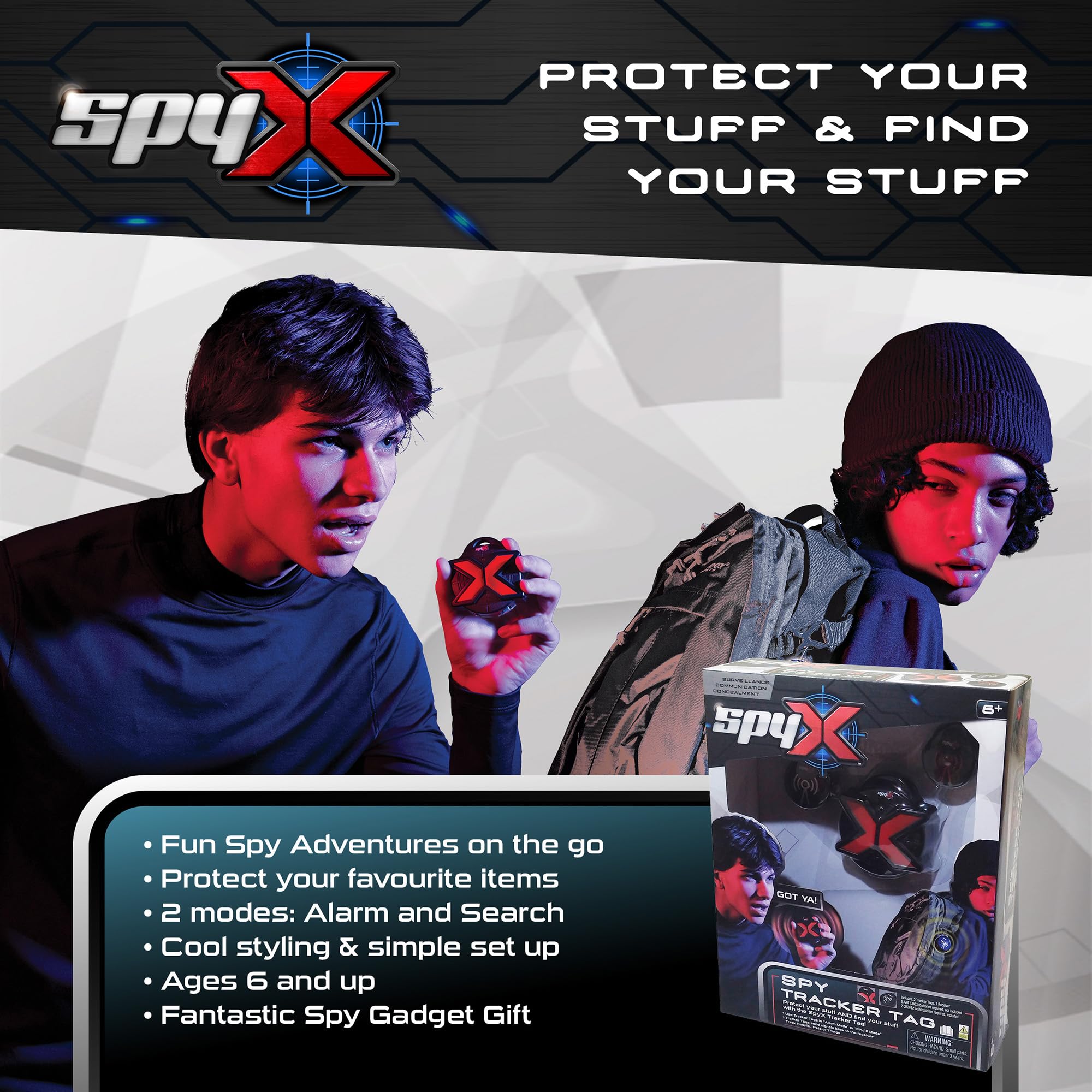 SpyX Spy Tracker Tag - Spy Tracking Toy Gadget For Kids. Protect & Find Your Stuff Or People You Want To Track. Alarm/Track Modes. 2 Spy Tags and 1 Receiver Included