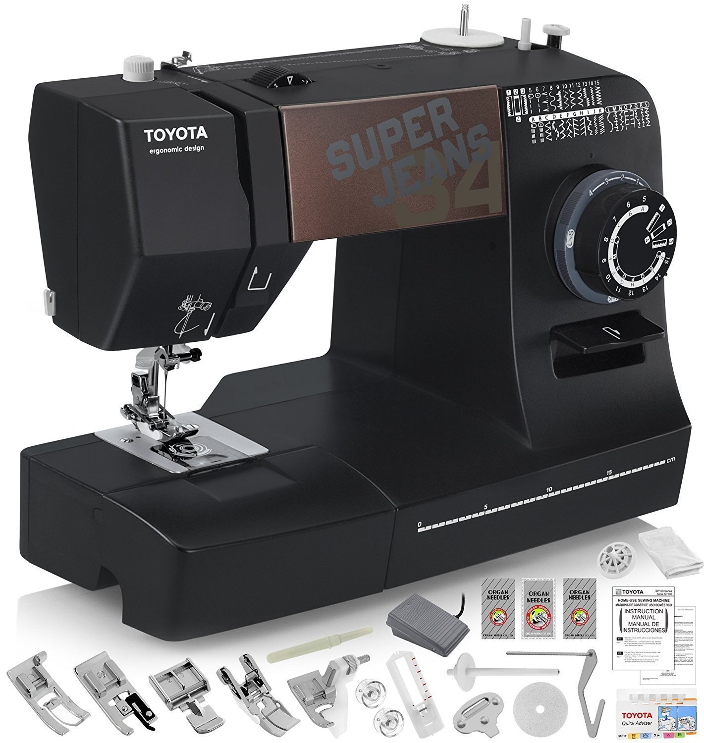Amazon.com: TOYOTA Super Jeans J34 Sewing Machine (Glides Over 12 Layers of  Denim) w/Gliding Foot, Blind Hem Foot, Zipper Foot, Overcast Foot, ...