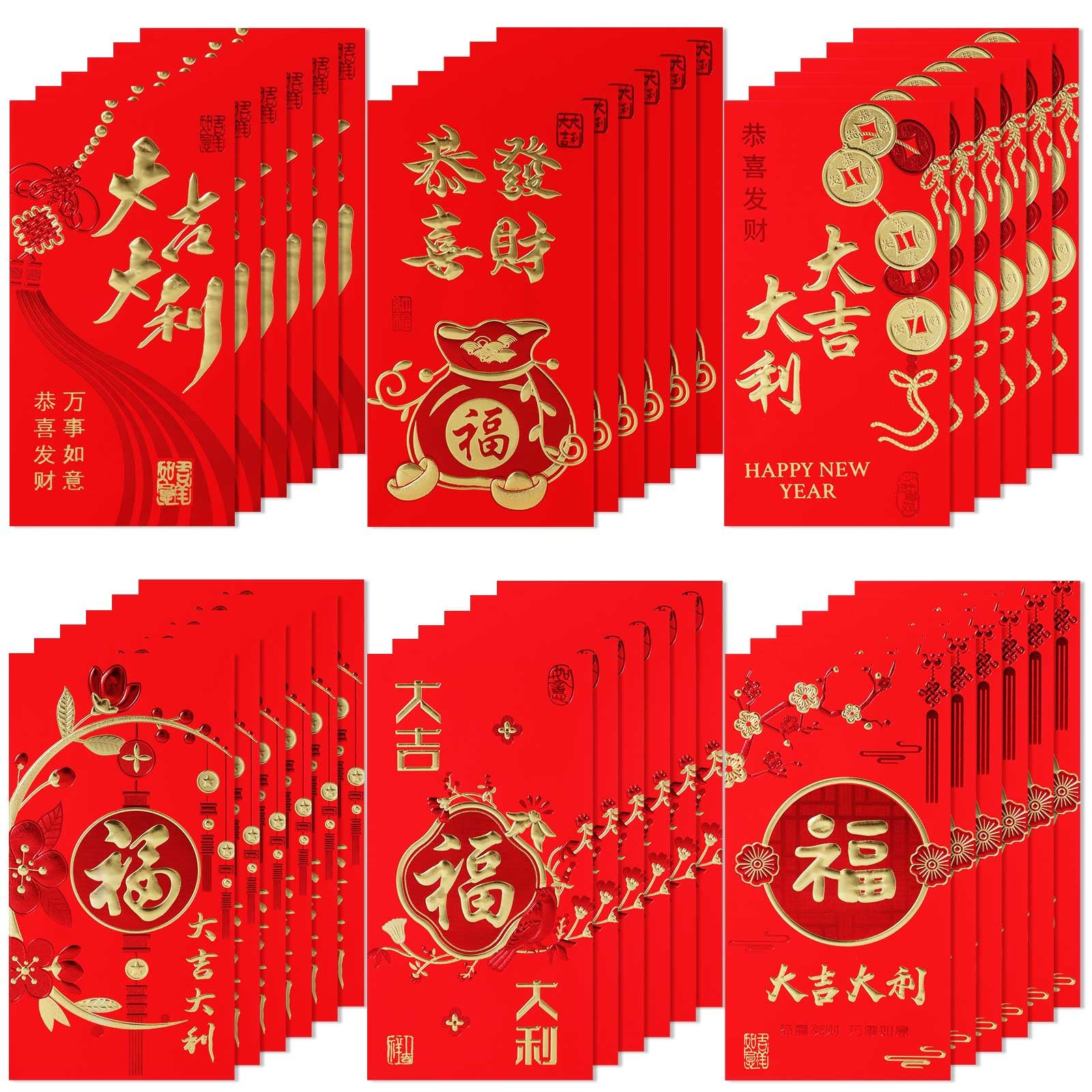 36 Pcs New Year Red Envelopes, Chinese Red Packets Chinese Red Envelope Hong Bao Envelopes Chinese Lucky Money Envelope Red Pocket for Wedding Party Spring Festival