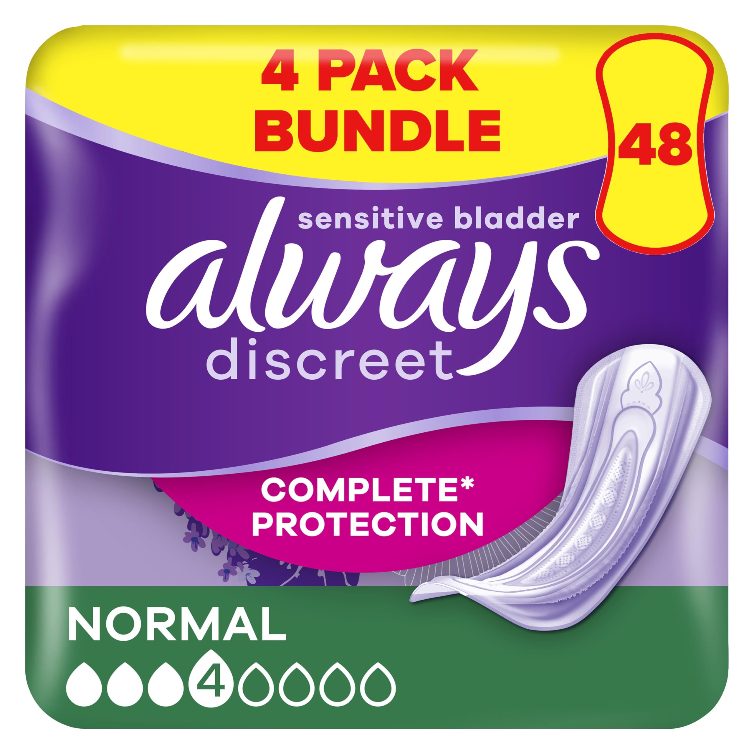 Always Discreet Incontinence Pads Women, Normal, 48 Moderate Absorbency Pads (12 x 4 Packs), Bigger Pack, Odour Neutraliser, Discreet and Flexible, for Sensitive Bladder