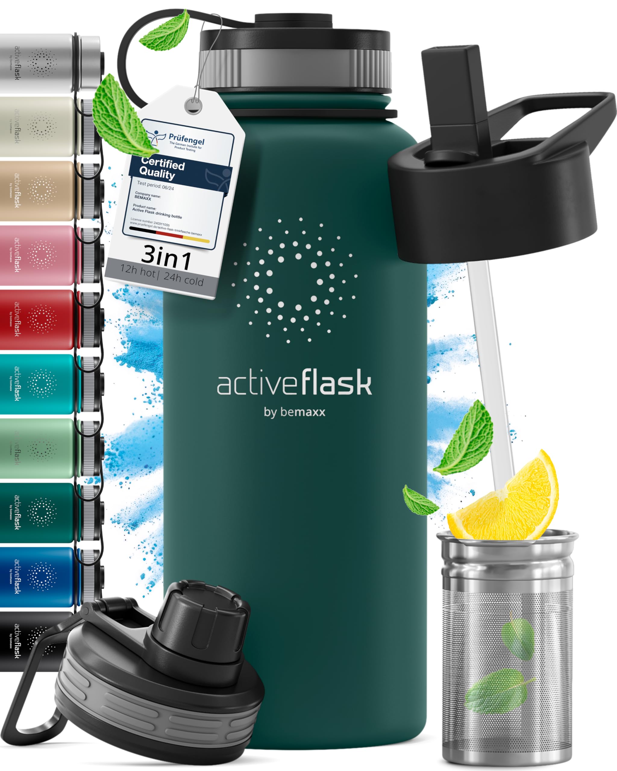 Stainless Steel Water Bottle with Straw & 3 Lids: 1 & 0,5L Leak-Proof BPA-Free Vacuum Insulated ACTIVE FLASK Drinking Bottles Hot Cold: Double Walled Outdoor Drink Thermo Mug Tea Coffee Sport Gym Bike