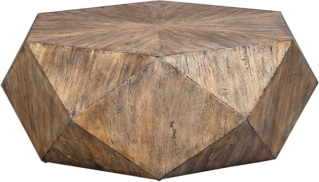 Amazon Com My Swanky Home Faceted Large Round Light Wood Coffee Table Modern Geometric Block Solid Furniture Decor