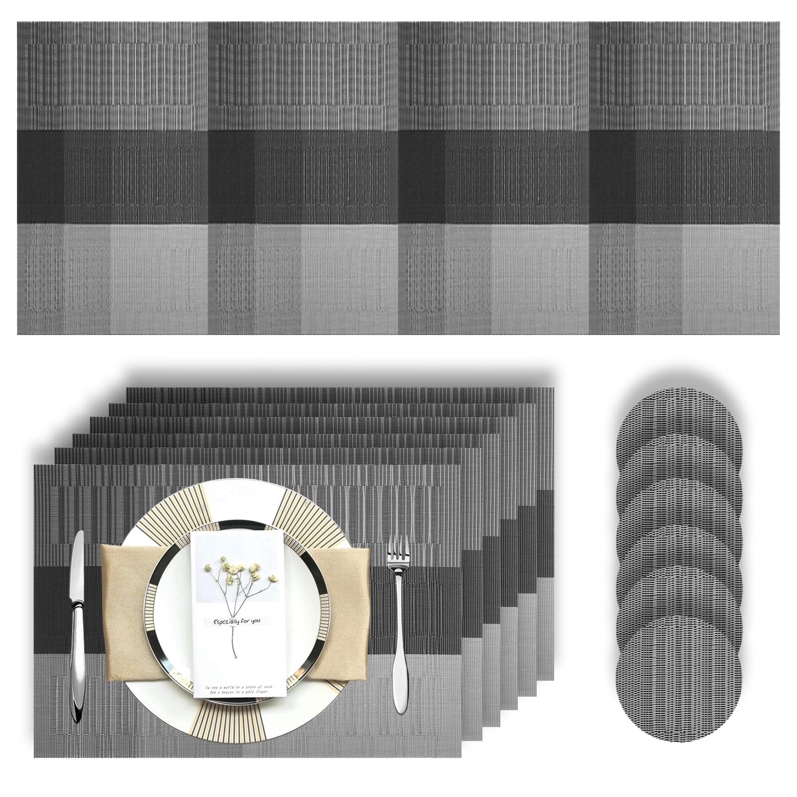HEYOMART Placemats Table Mats 13 Piece Set with 6 x Placemats + 6 x Coasters + 1 x Long Table Mat Anti Slip Place Mats and Coaster Sets for Home & Restaurant, Grey & Black