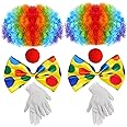 jiebor 2Pack Clown Costume Set Rainbow Clown Wig Nose Accessories Bow Tie White Gloves for Halloween Parties Carnivals Pretend Play Men Women Adults