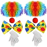 jiebor 2Pack Clown Costume Set Rainbow Clown Wig Nose Accessories Bow Tie White Gloves for Halloween Parties Carnivals Pretend Play Men Women Adults