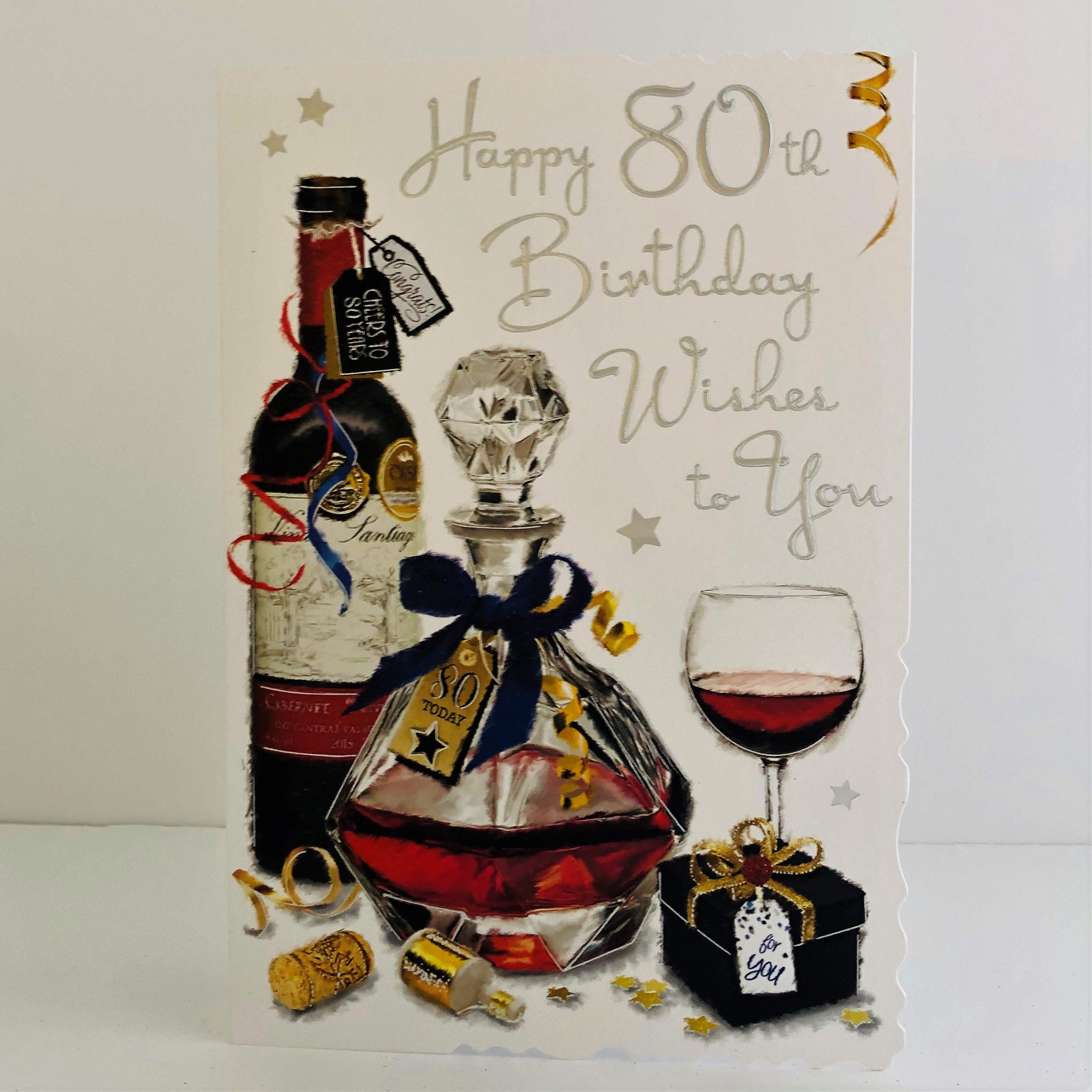 Jonny Javelin Male Age 80 80th Birthday Wishes to You Card - Red Wine Decanter Presents