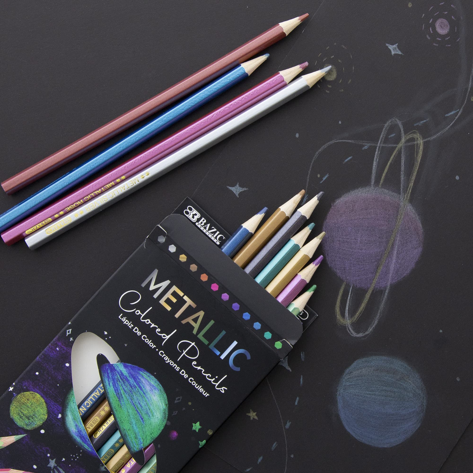 BAZIC Metallic Colored Pencils 12 Shimmering Shades Pre-Sharpened Pencil Set for Drawing Coloring, Professional Art Supplies for Artists (12/Pack), 1-Pack